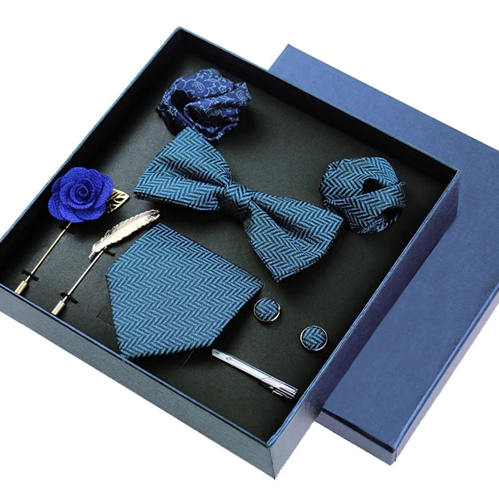 8-piece Set Bussiness Blue Ties For Mans Floral Brooches Pin Cufflinks Tie Clips Butterfly Bowtie Wedding Accessori Gift Box Set - Luzilly Bridal & Apparel