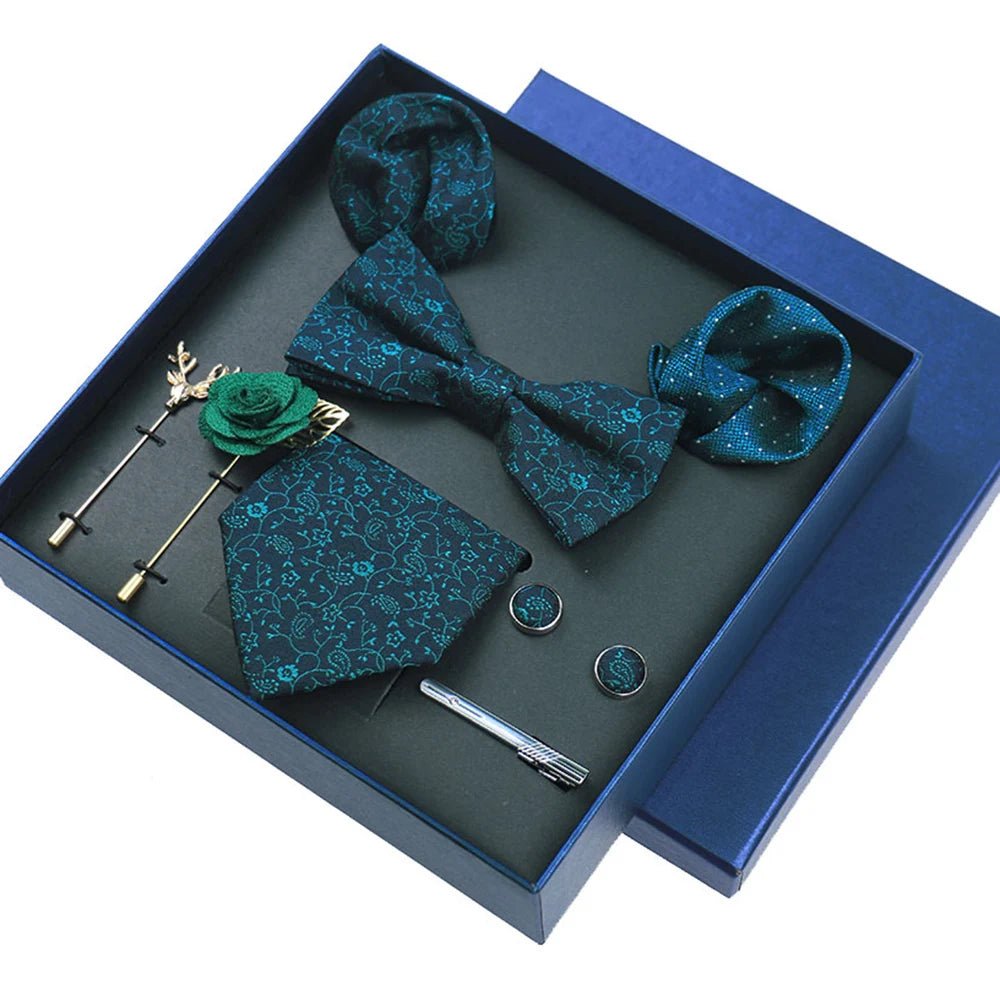 8-piece Set Bussiness Blue Ties For Mans Floral Brooches Pin Cufflinks Tie Clips Butterfly Bowtie Wedding Accessori Gift Box Set - Luzilly Bridal & Apparel