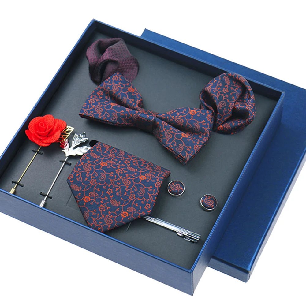 8-piece Set Bussiness Blue Ties For Mans Floral Brooches Pin Cufflinks Tie Clips Butterfly Bowtie Wedding Accessori Gift Box Set - Luzilly Bridal & Apparel