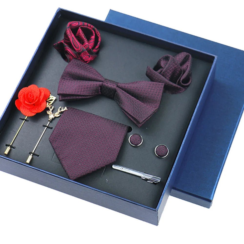 8-piece Set Bussiness Blue Ties For Mans Floral Brooches Pin Cufflinks Tie Clips Butterfly Bowtie Wedding Accessori Gift Box Set - Luzilly Bridal & Apparel