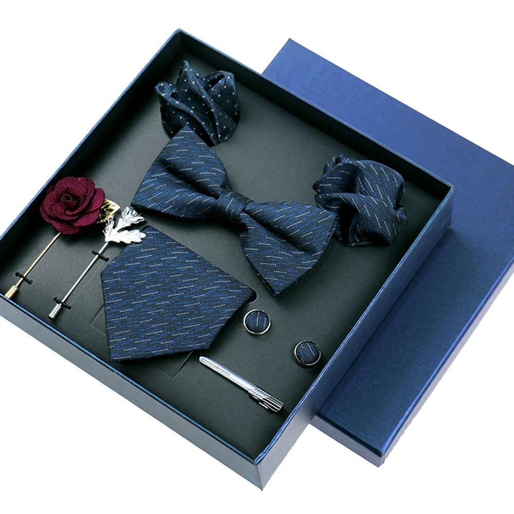 8-piece Set Bussiness Blue Ties For Mans Floral Brooches Pin Cufflinks Tie Clips Butterfly Bowtie Wedding Accessori Gift Box Set - Luzilly Bridal & Apparel