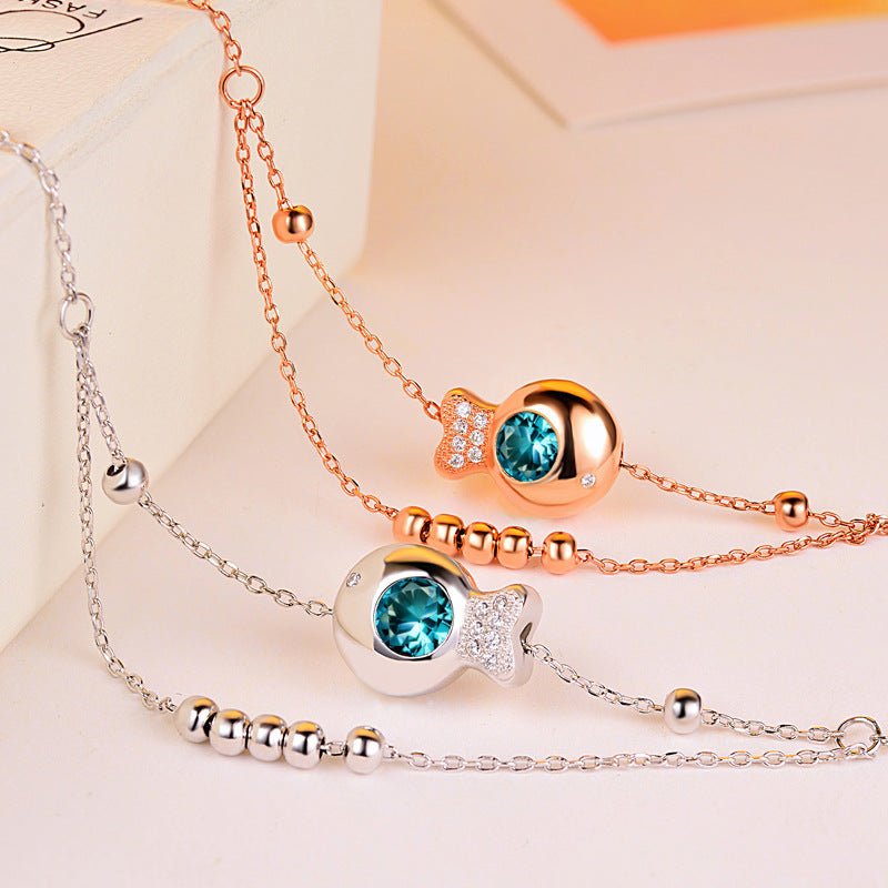 925 Sterling Silver Double Beaded Big Anklet Korean Edition Ocean Heart Small Fish Feet Rose Gold Plated Jewelry - Luzilly Bridal & Apparel