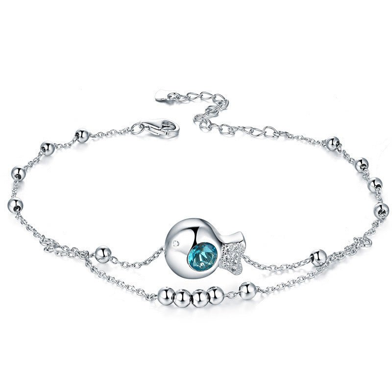 925 Sterling Silver Double Beaded Big Anklet Korean Edition Ocean Heart Small Fish Feet Rose Gold Plated Jewelry - Luzilly Bridal & Apparel