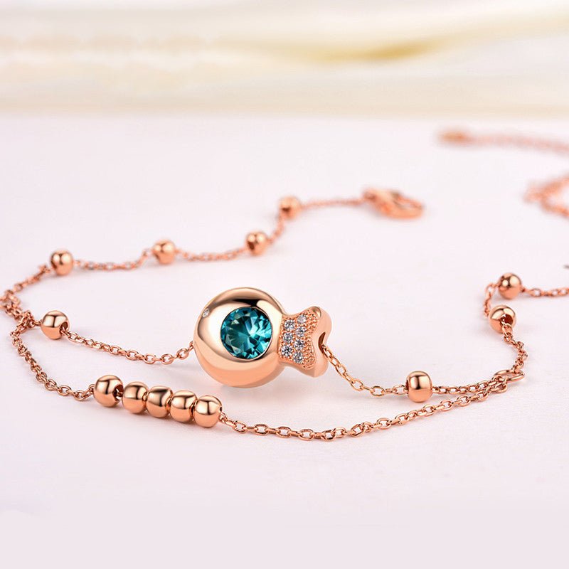 925 Sterling Silver Double Beaded Big Anklet Korean Edition Ocean Heart Small Fish Feet Rose Gold Plated Jewelry - Luzilly Bridal & Apparel