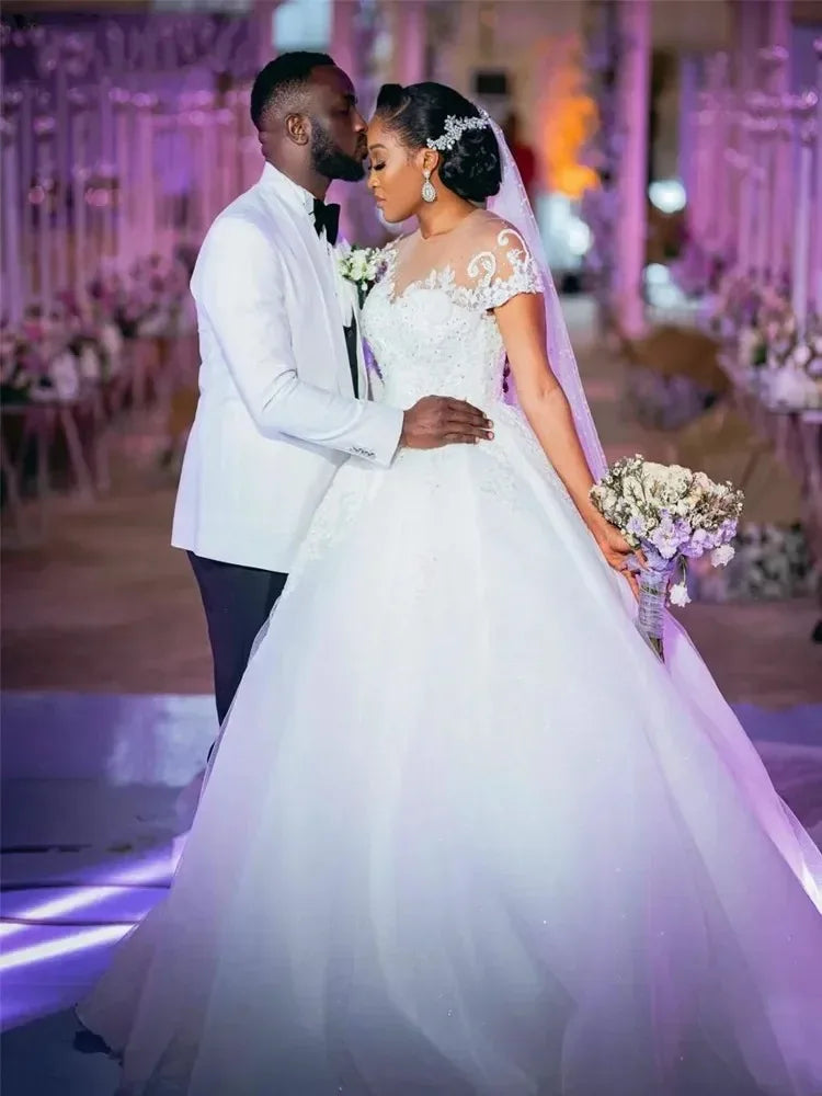 Short Sleeve Sheer Neck Applique Wedding Dress