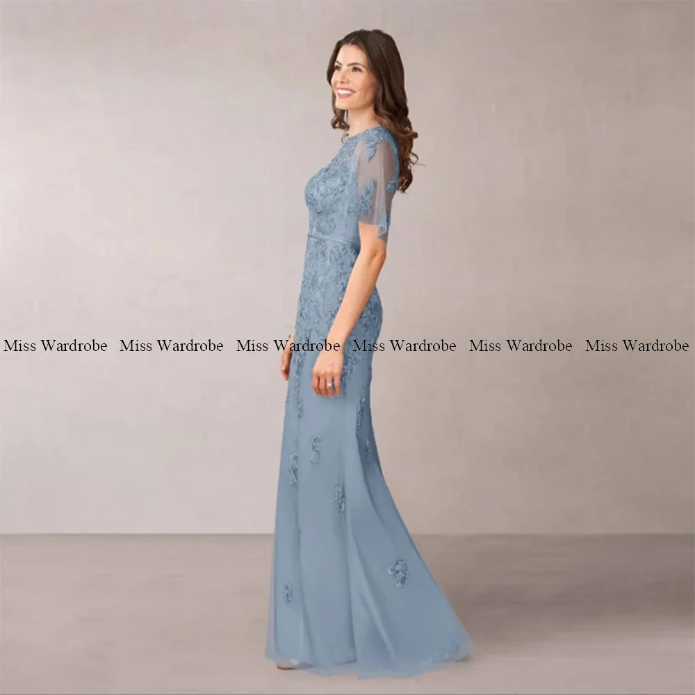 Mother Of The Bride Blue Dresses Floor Length Tulle Applique Short Sleeve Long For Weddings Formal Party Gown Elegant Customze