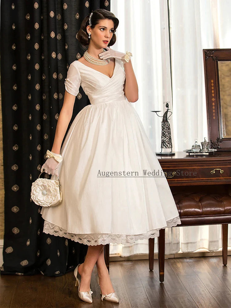 Customized Wedding Party Dresses Satin A-line Bridal Gown Ivory V-neck Pleat Ruched Lace Fairy Garden Wedding Dress Midi