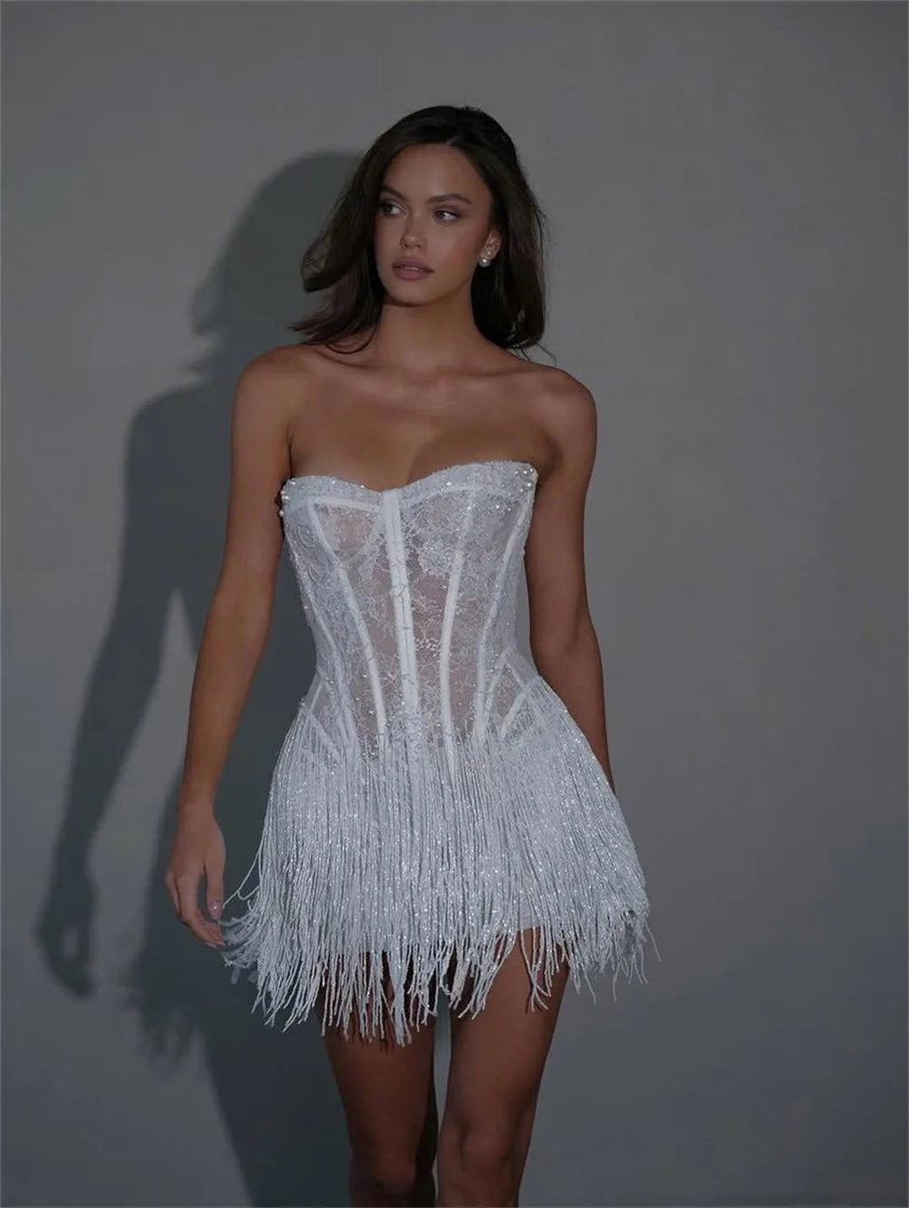 White Lace Tassel Strapless Mini Sheath Wedding Dress