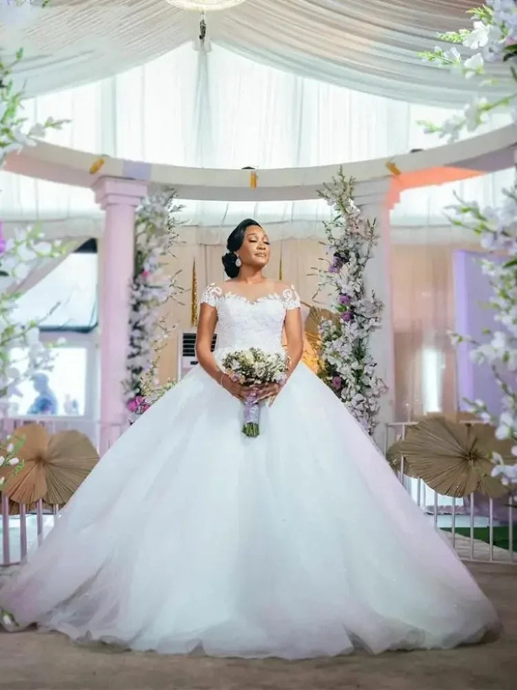 Short Sleeve Sheer Neck Applique Wedding Dress