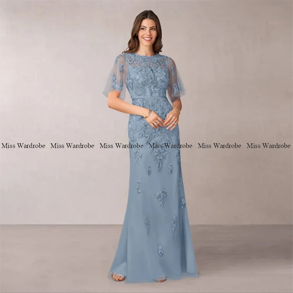 Mother Of The Bride Blue Dresses Floor Length Tulle Applique Short Sleeve Long For Weddings Formal Party Gown Elegant Customze