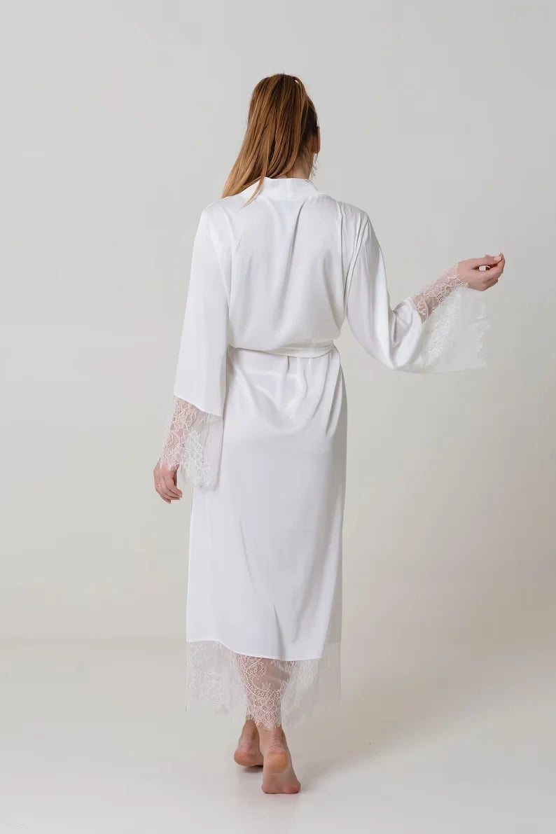 Bride Robe with Lace Sleeves White Boudoir Lace Bridal Robe Long Wedding Kimono Robe for Women Bridesmaid Dressing Gown