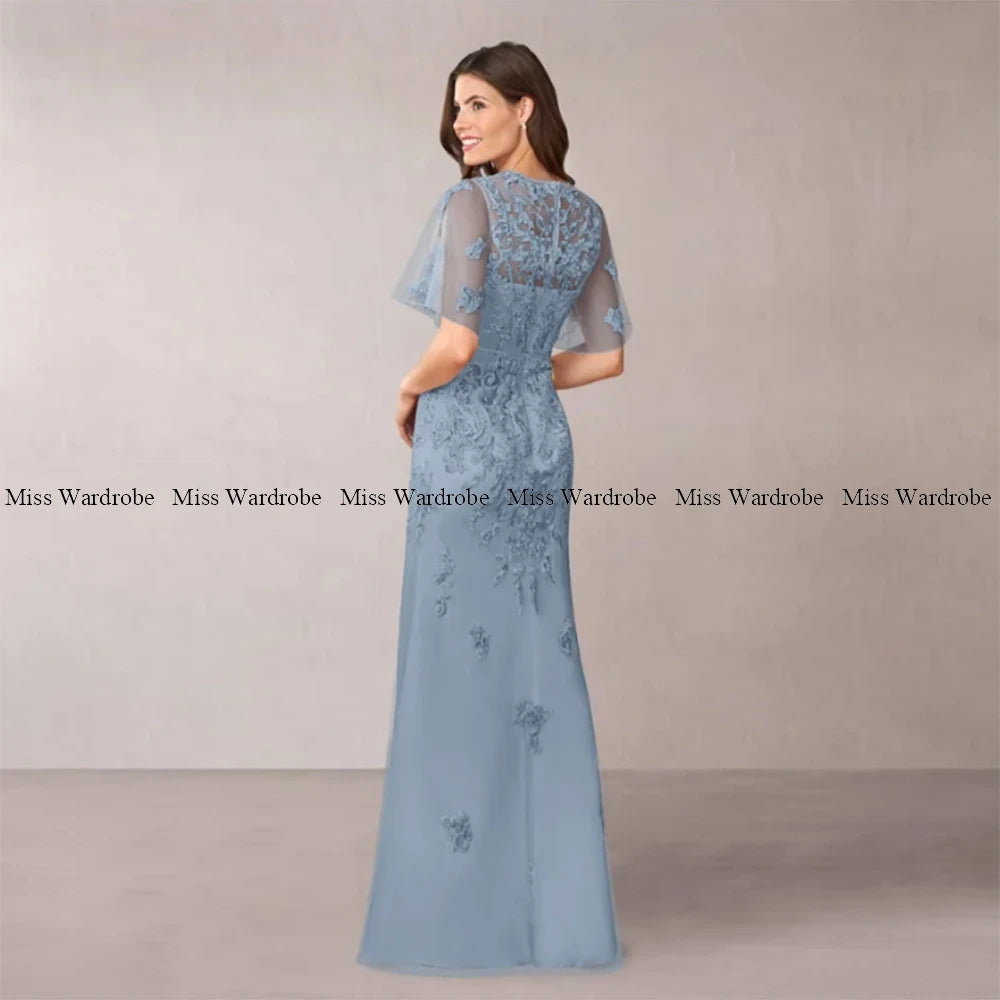 Mother Of The Bride Blue Dresses Floor Length Tulle Applique Short Sleeve Long For Weddings Formal Party Gown Elegant Customze