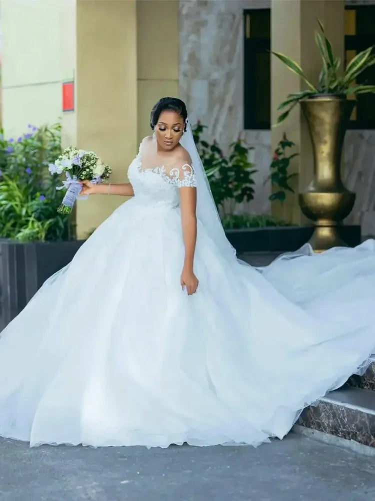 Short Sleeve Sheer Neck Applique Wedding Dress