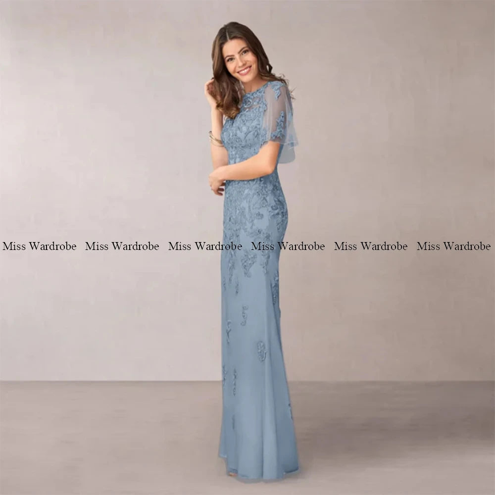 Mother Of The Bride Blue Dresses Floor Length Tulle Applique Short Sleeve Long For Weddings Formal Party Gown Elegant Customze