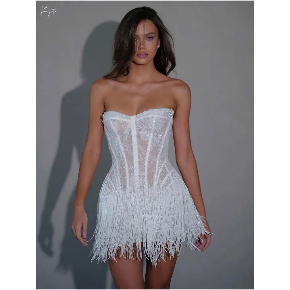 White Lace Tassel Strapless Mini Sheath Wedding Dress