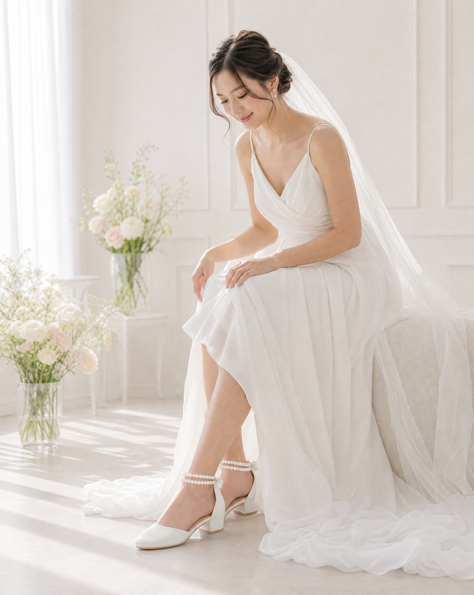 Round Toe Satin Low Block Heel with Double Pearls Ankle Strap