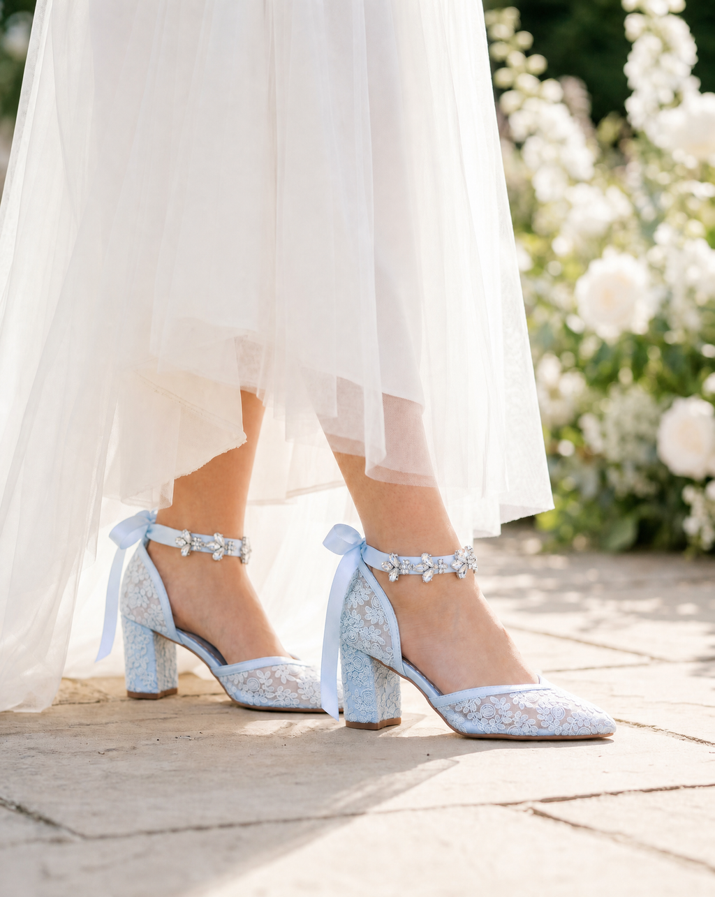 Lace Block Heel For Weddings with Navette Cluster Rhinestones Strap