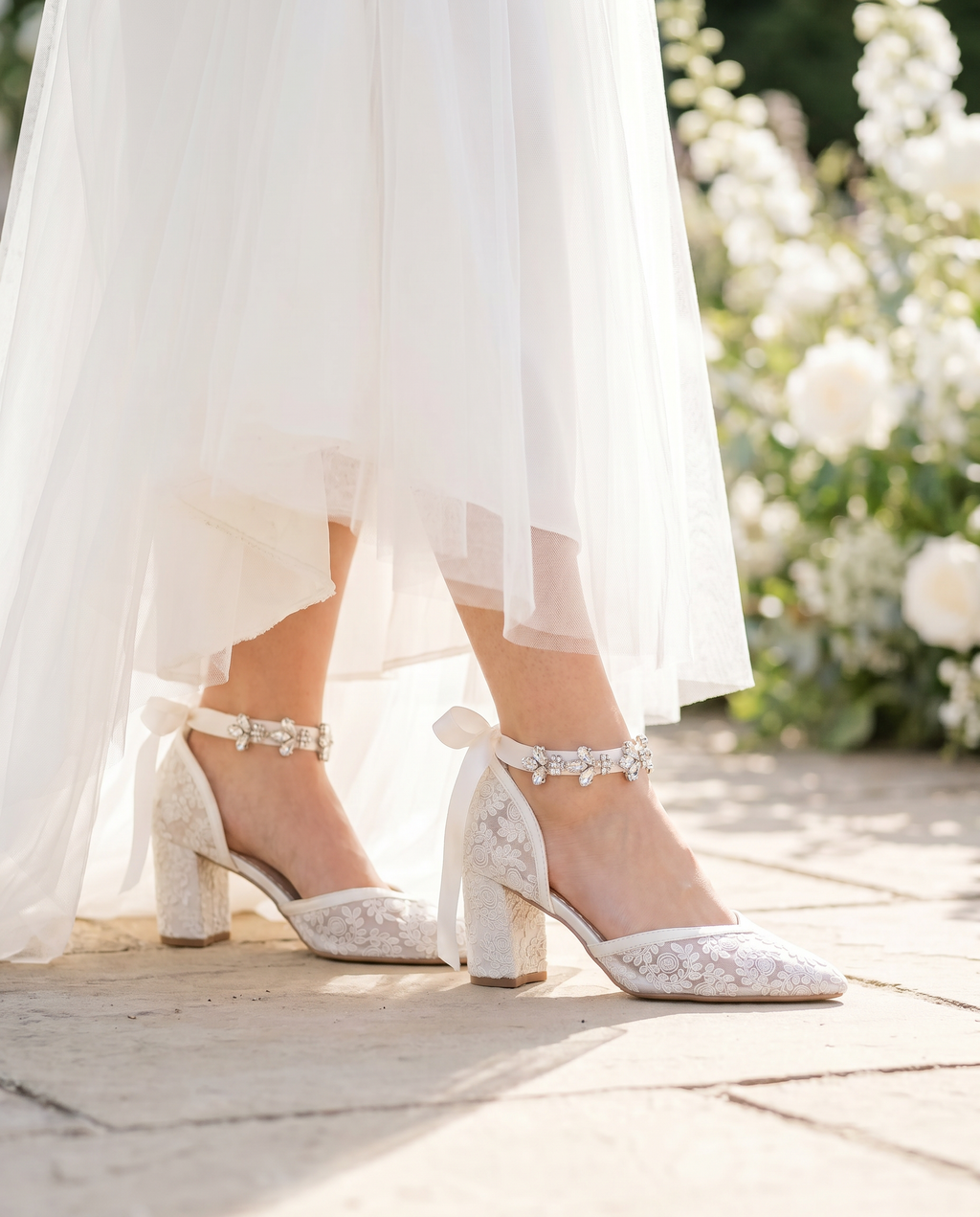 Lace Block Heel For Weddings with Navette Cluster Rhinestones Strap