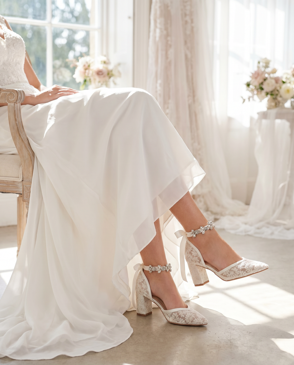 Lace Block Heel For Weddings with Navette Cluster Rhinestones Strap