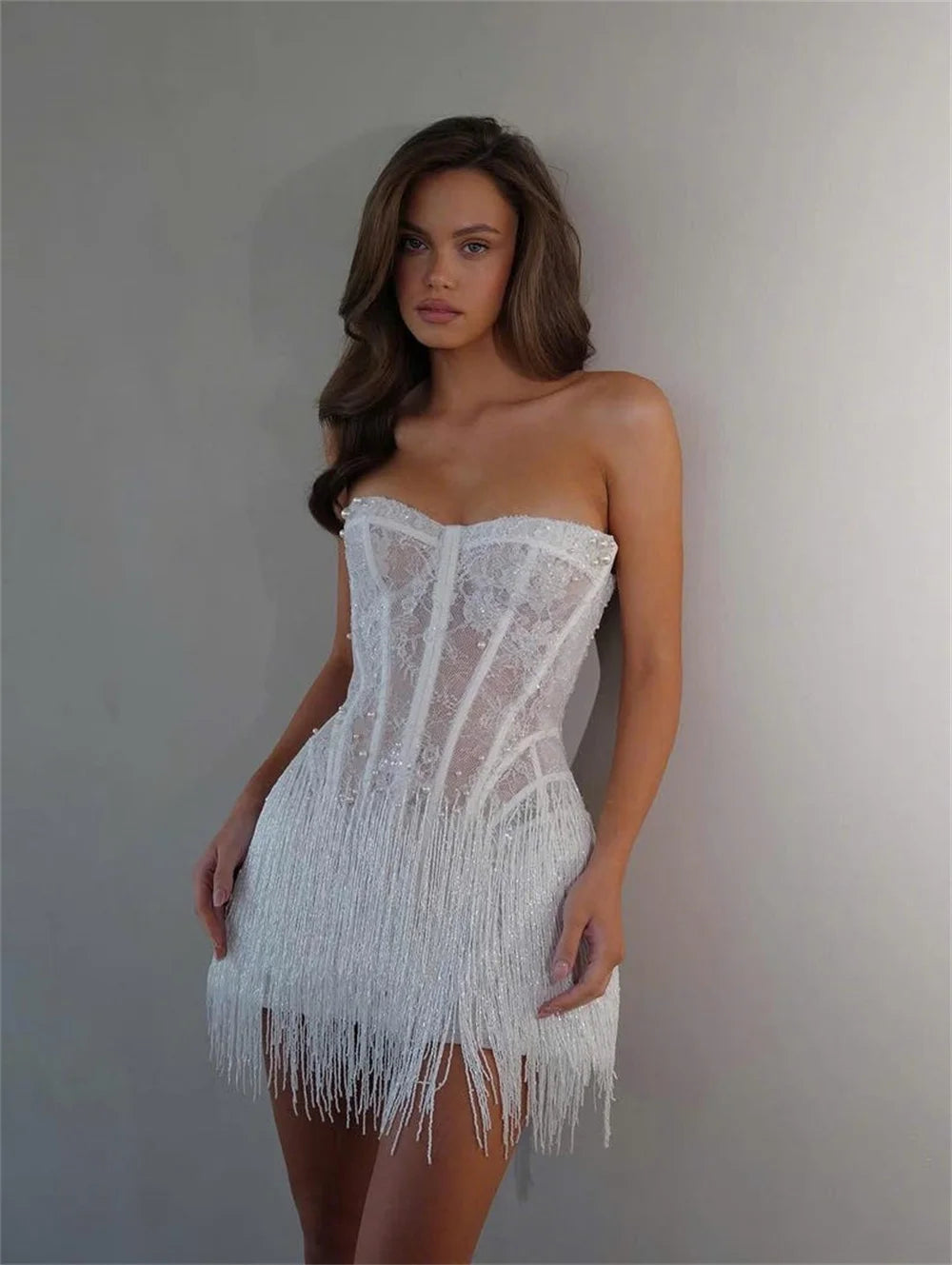 White Lace Tassel Strapless Mini Sheath Wedding Dress