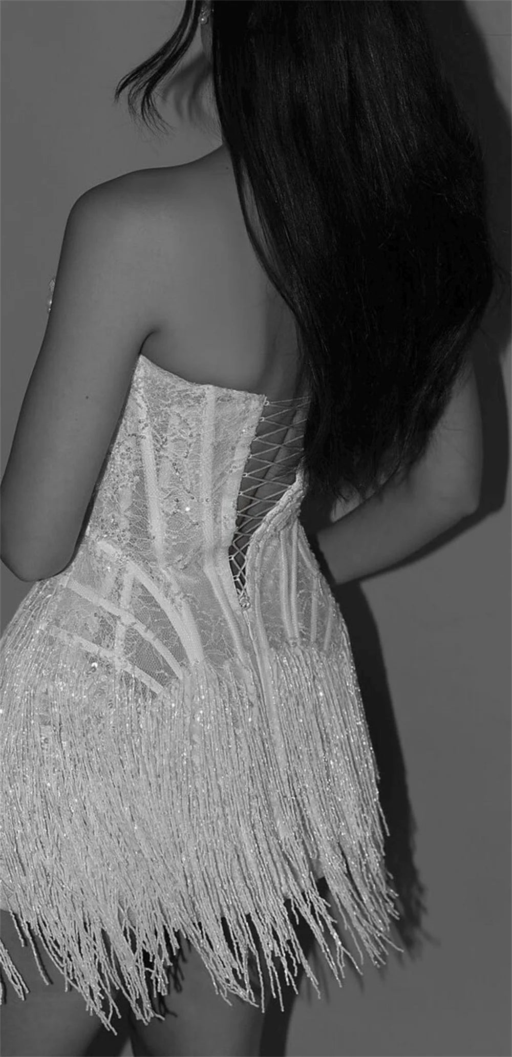 White Lace Tassel Strapless Mini Sheath Wedding Dress