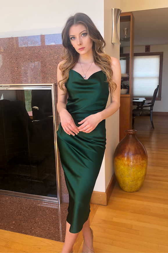 Size 16, Aspen Midi Dress - Emerald Green Satin Slip Dress - FINAL SALE