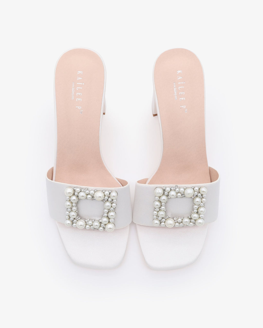 Satin Block Heels Slide Wedding Sandals with Pearlisse Buckle