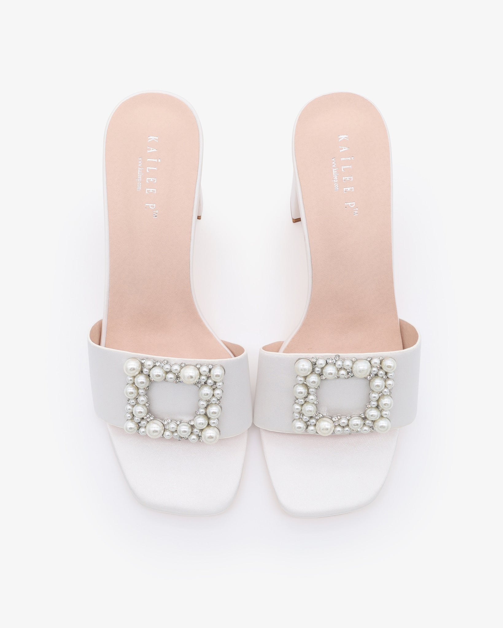 Satin Block Heels Slide Wedding Sandals with Pearlisse Buckle