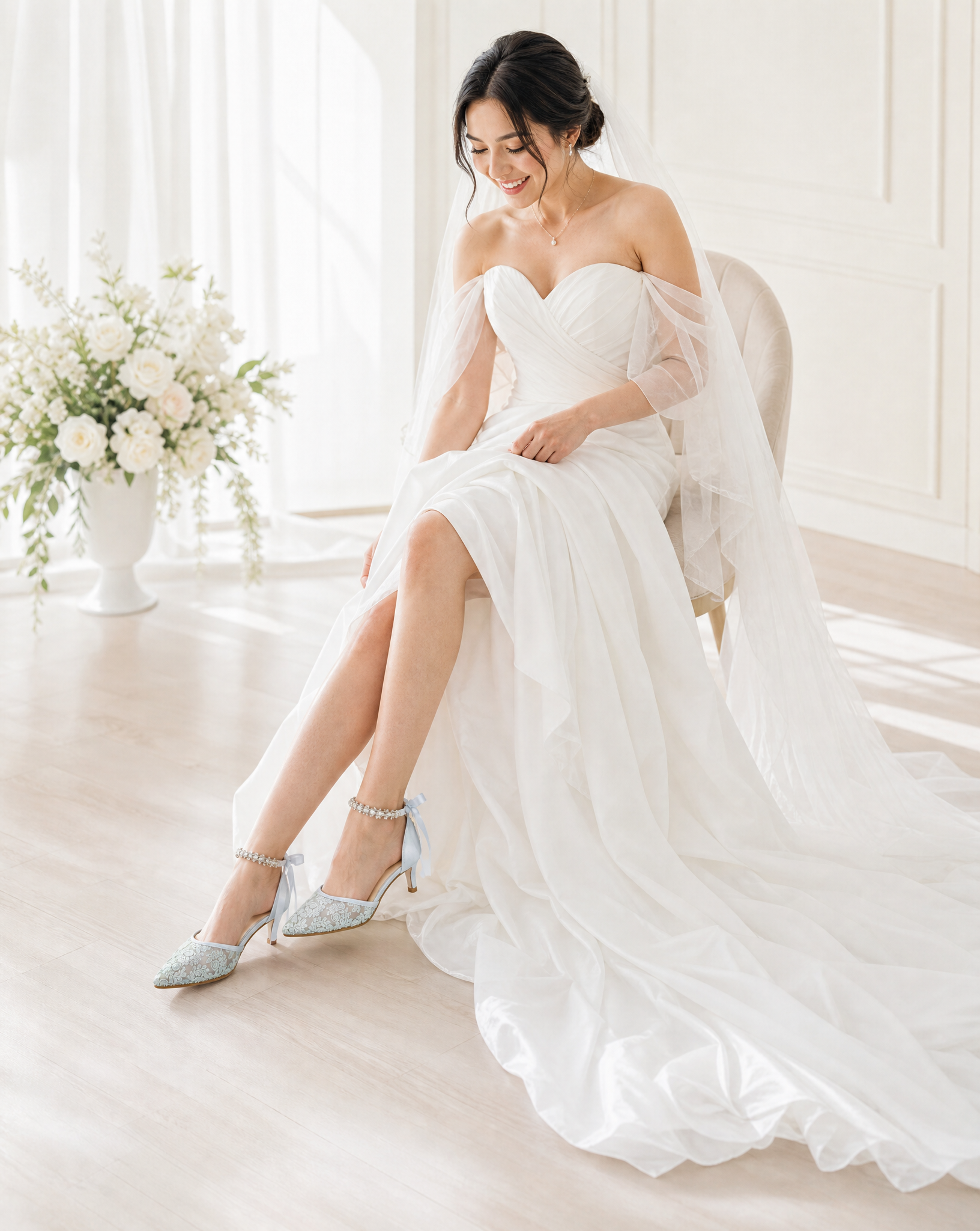Crochet Lace Pointy Toe Wedding Kitten Low Heel with Amaryllis Strap