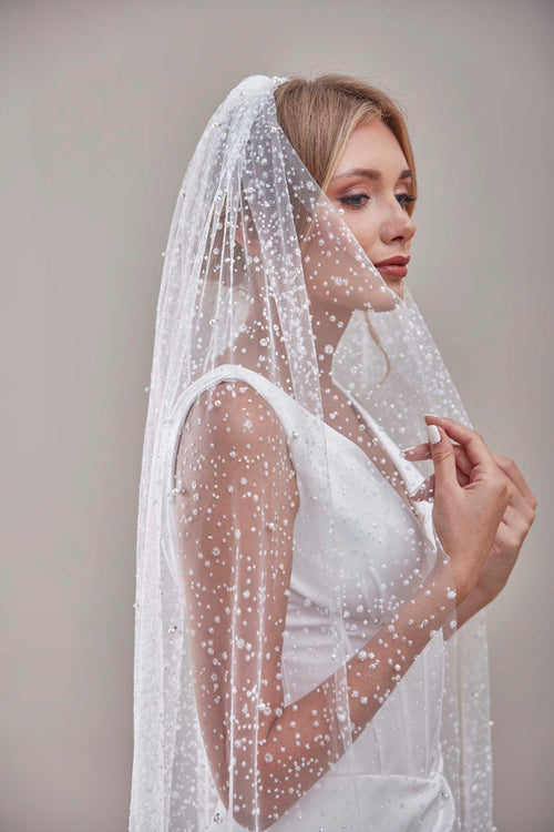 Bridal Veil, Veil with Pearls, One Layer Wedding Veil, Veil with Rhinestone-D180