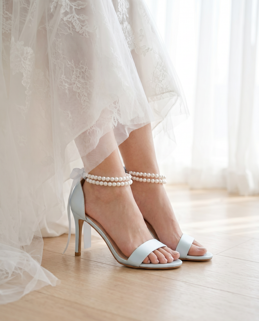 Satin High Heel Wedding Sandals with Double Pearls Ankle Strap