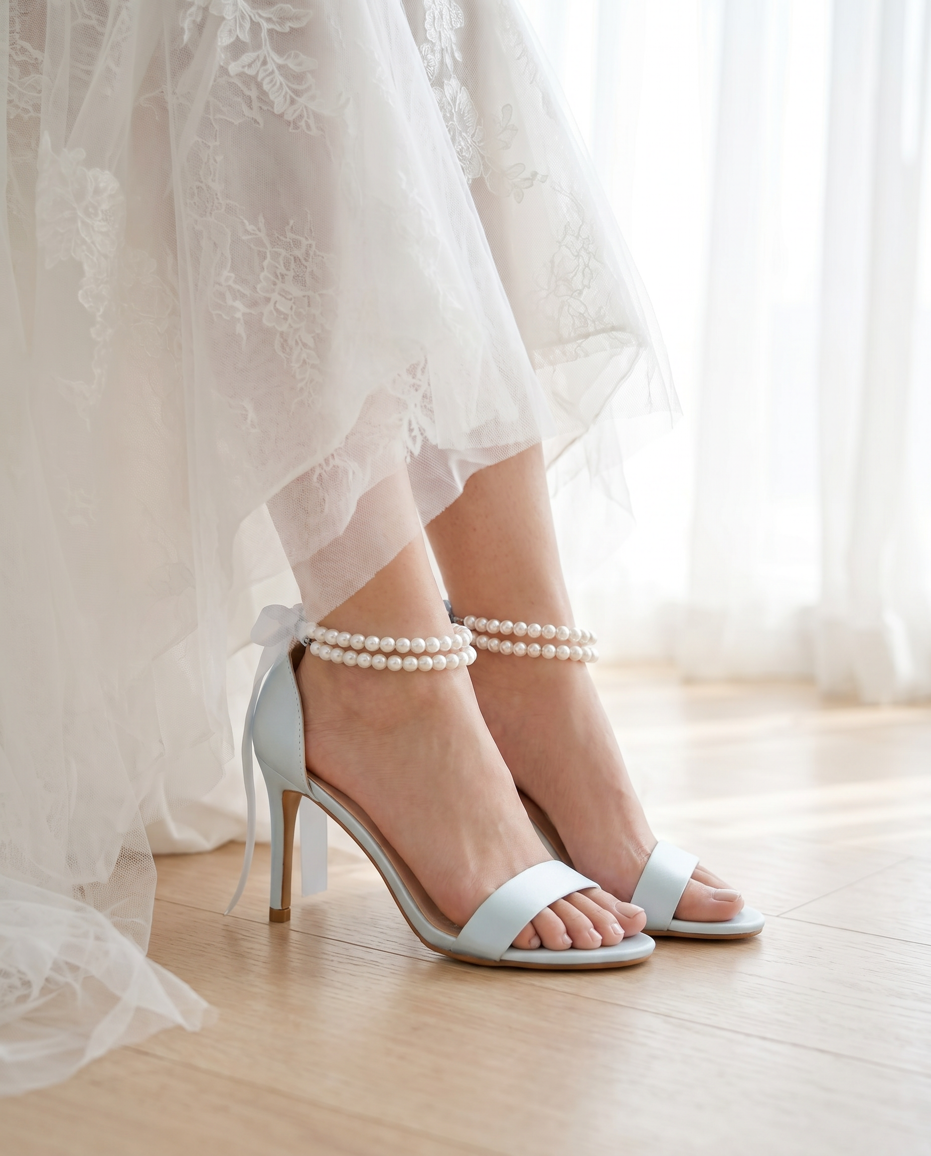 Satin High Heel Wedding Sandals with Double Pearls Ankle Strap