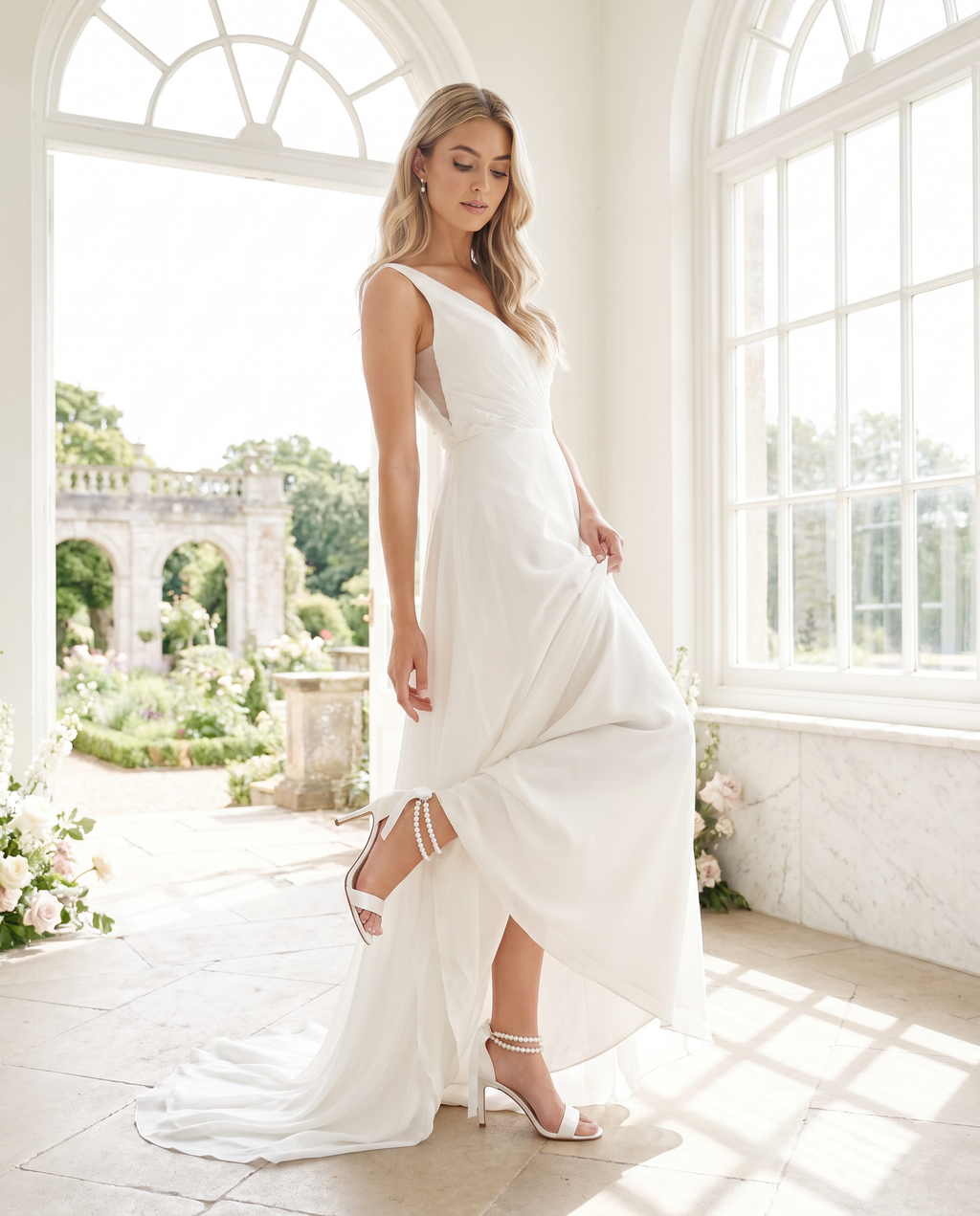 Satin High Heel Wedding Sandals with Double Pearls Ankle Strap