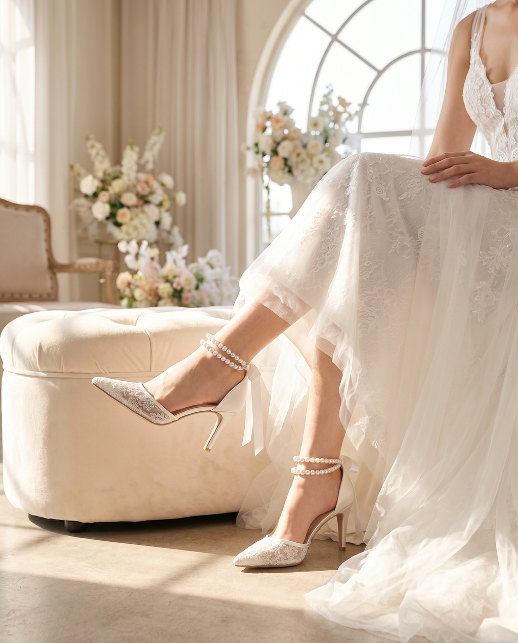 Wedding Lace Heels with Double Pearls Ankle Strap