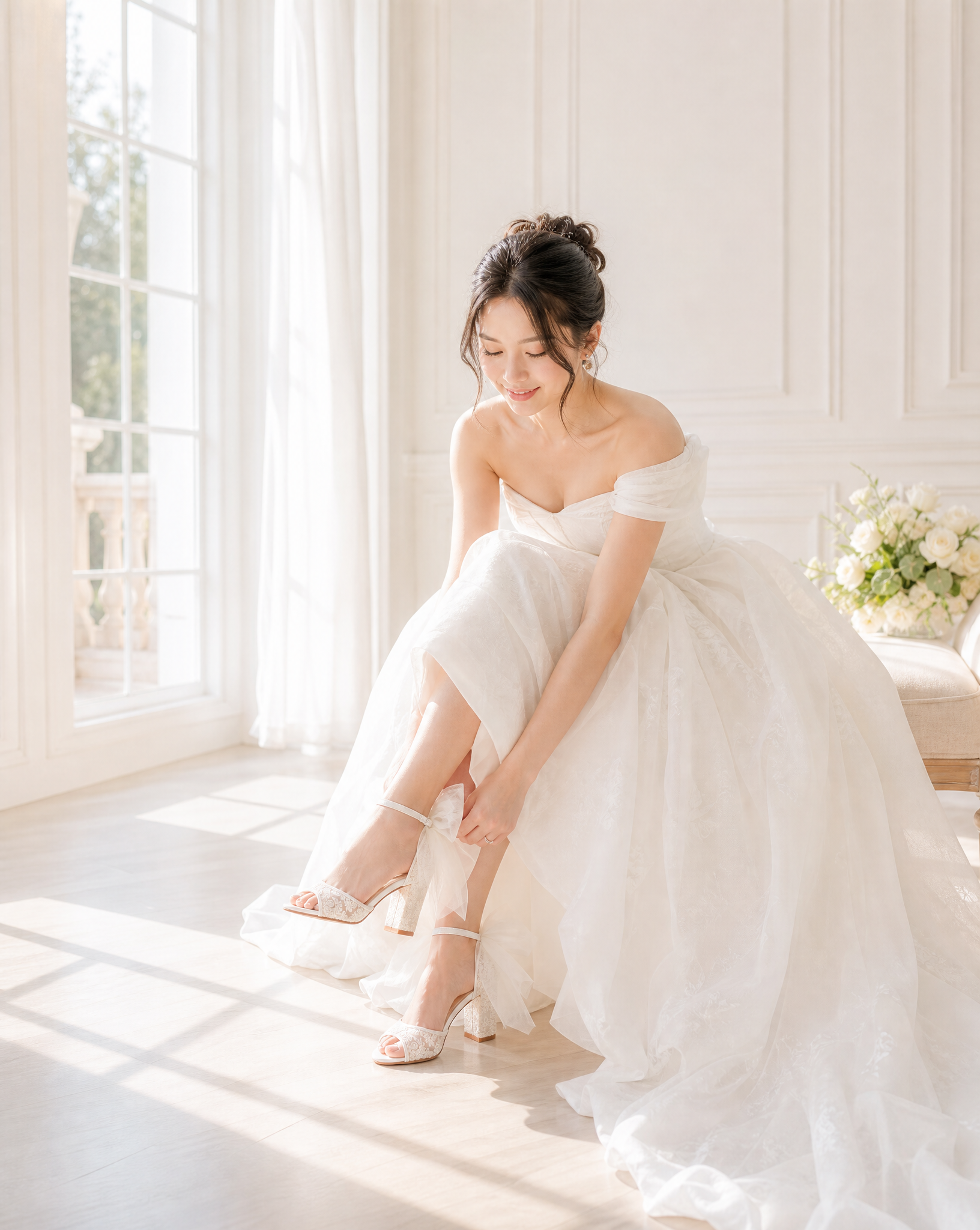 Crochet Lace Block Heel Sandals with Tulle Back Bow