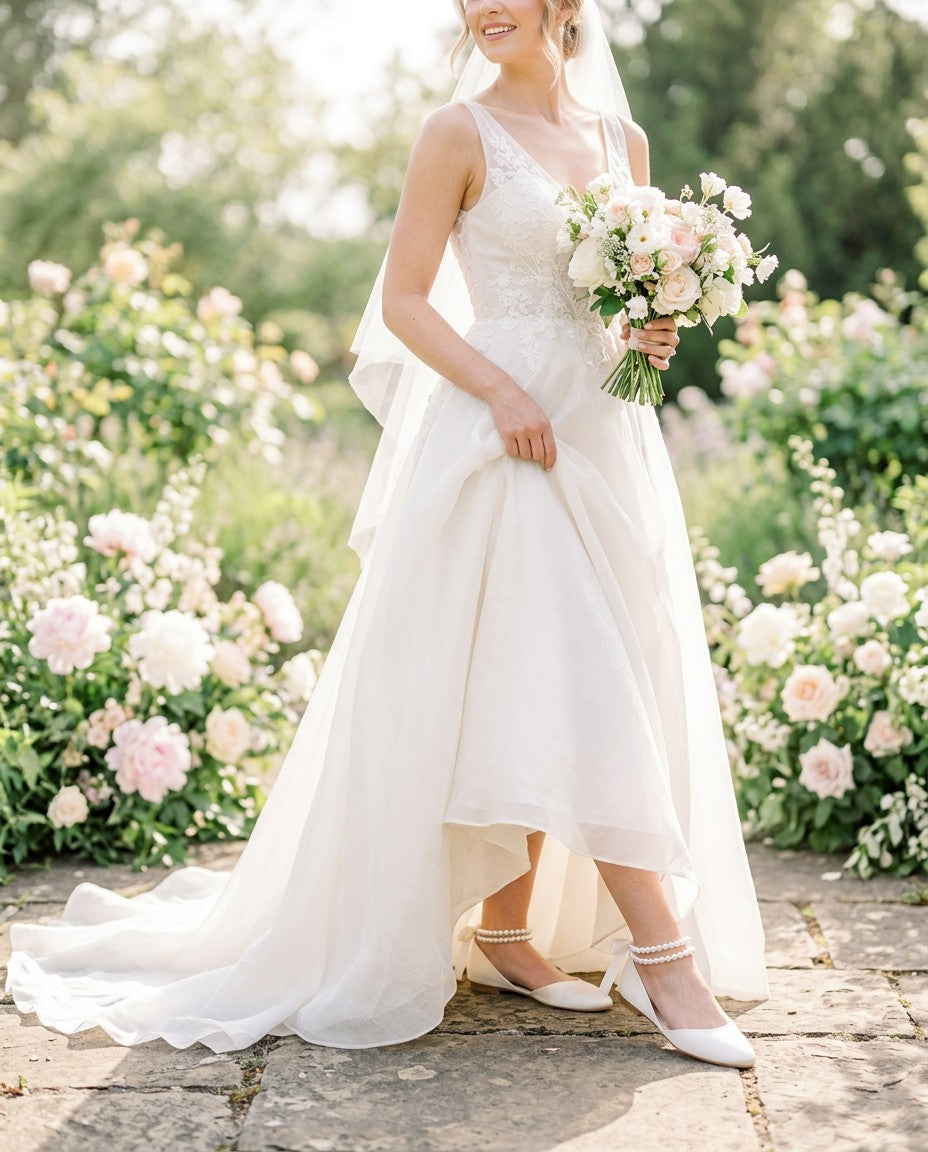 Satin Round Toe Wedding Flat with Double Pearls Ankle Strap