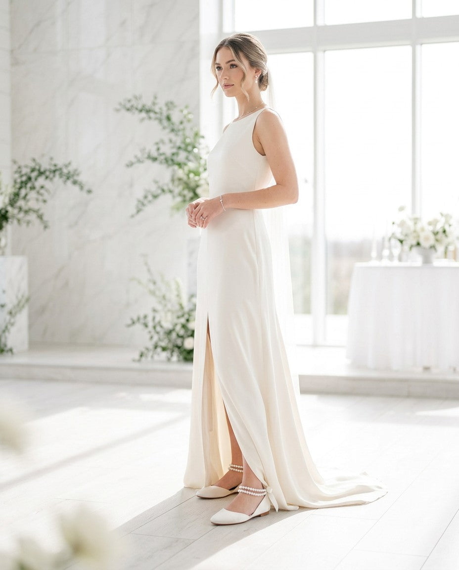 Satin Round Toe Wedding Flat with Double Pearls Ankle Strap