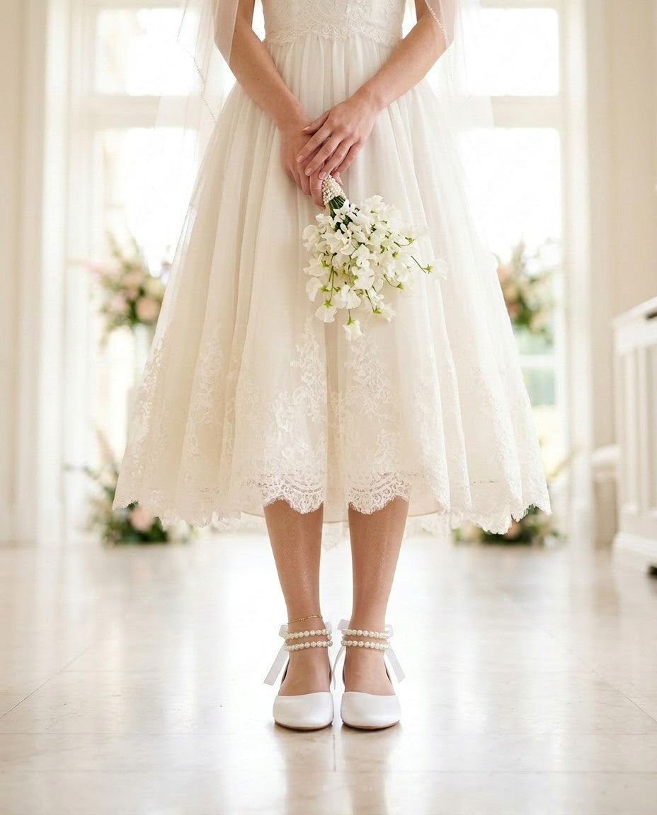 Satin Round Toe Wedding Flat with Double Pearls Ankle Strap
