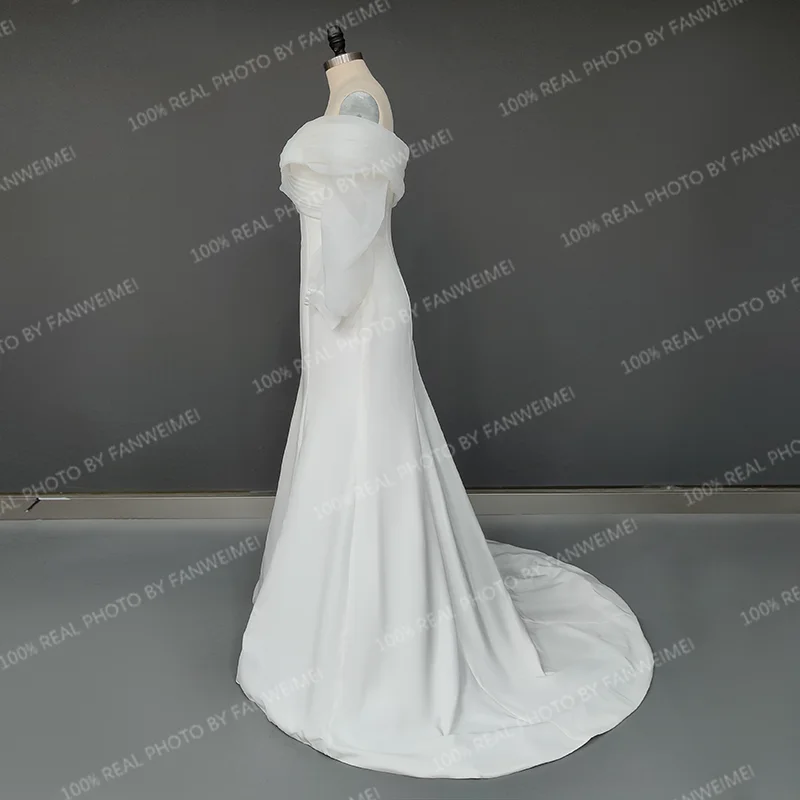 13163#Mermaid Simple Wedding Dresses Off-Shoulder Puffy Sleeves Pleated Boho Civil Soft Satin Elegant Wedding Bridal Gown