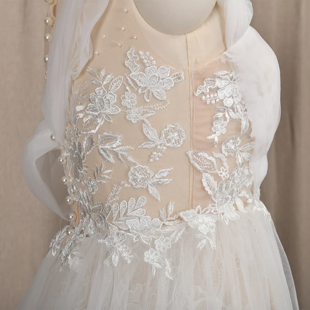 4247# Real Photos Appliques Wedding Dress O-Neck Lace Short Sleeve Illusion Straps Back A-Line Ruched Tulle  Bridal Gown