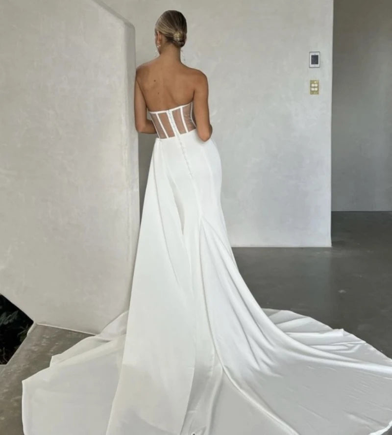 15291# Simple Sweep Train Strapless Pearls Satin Mermaid Wedding Dresses for Plus Size Women Bridal Gown Evening Clothing