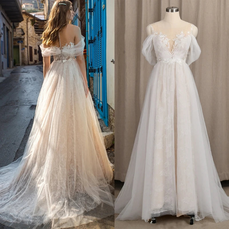 4247# Real Photos Appliques Wedding Dress O-Neck Lace Short Sleeve Illusion Straps Back A-Line Ruched Tulle  Bridal Gown