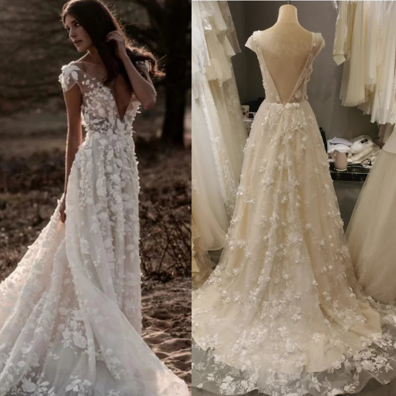 #8100 Prime Quality Real Photos Cap Sleeve Champagne Special Design Lace A-Line Backless Bridal Gown Wedding Dress