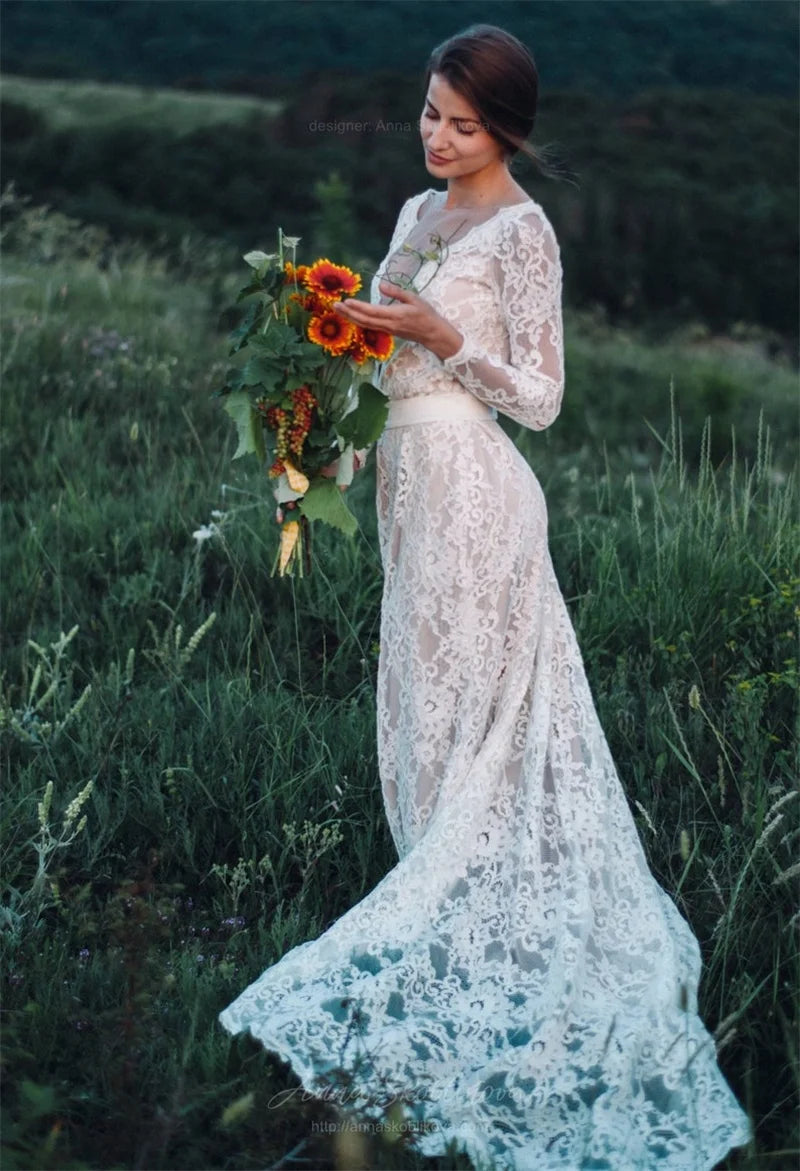 11187#Deep V-Neck Sexy Long Sleeve Bridal Dress Sweep Train Lace Bohemian Boho Beach Wedding Dress Wedding Gown Bridal Gown