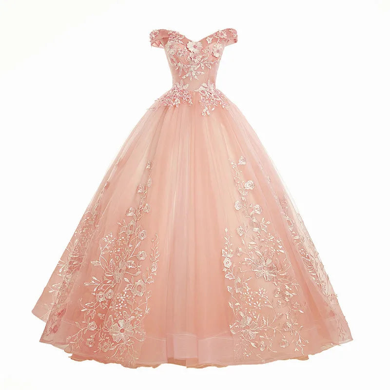 S 147A Evening Dress Long Style New Lace Beaded White Mesh Tulle Tutu Dress Slim Back Straps Bridal Wedding Dress