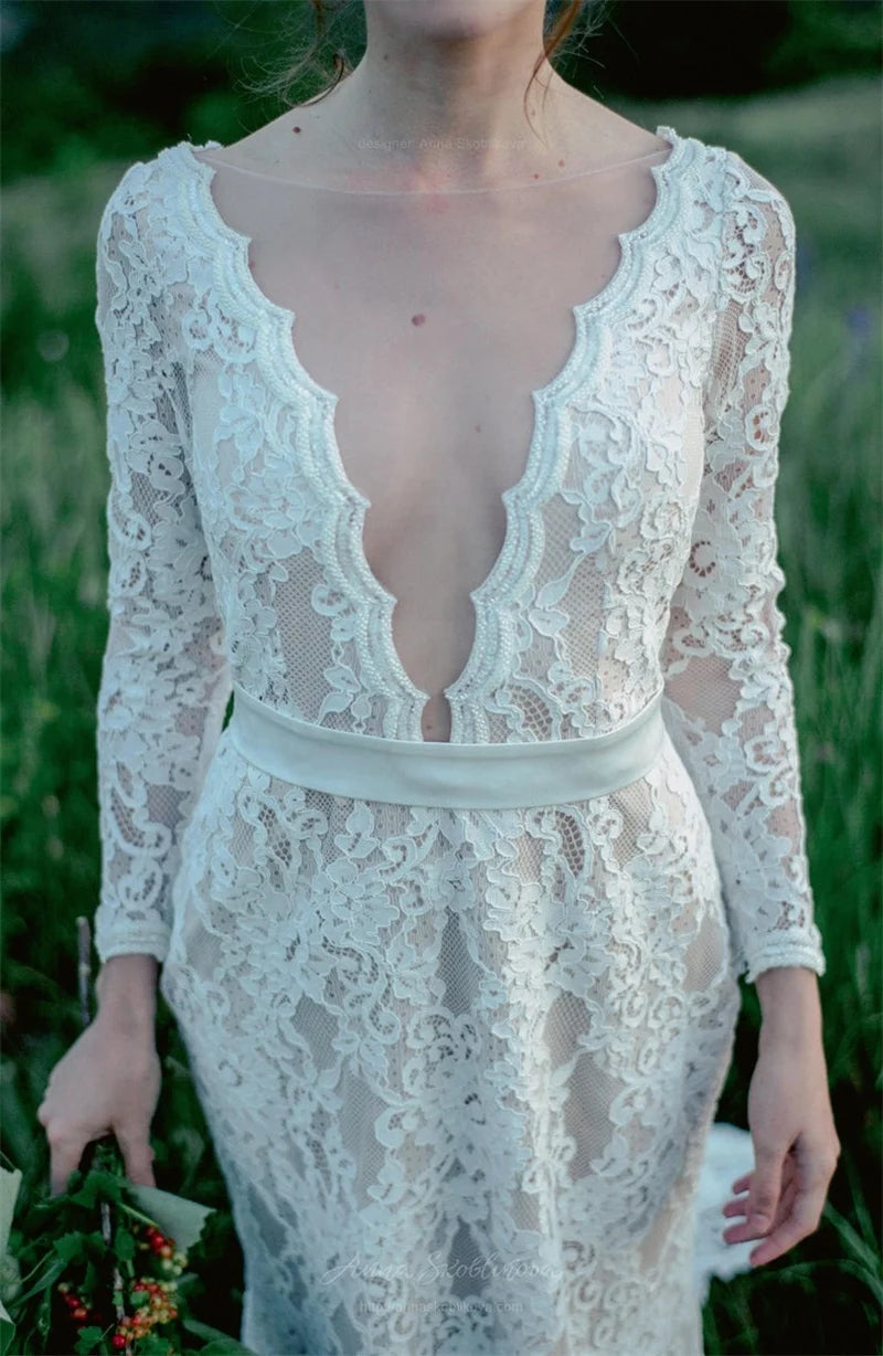 11187#Deep V-Neck Sexy Long Sleeve Bridal Dress Sweep Train Lace Bohemian Boho Beach Wedding Dress Wedding Gown Bridal Gown