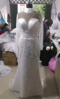 African Mermaid Wedding Dress With Sheer Long Sleeves Detachable Train Satin Fabric High Collar Plus Size Applique Bridal Gowns
