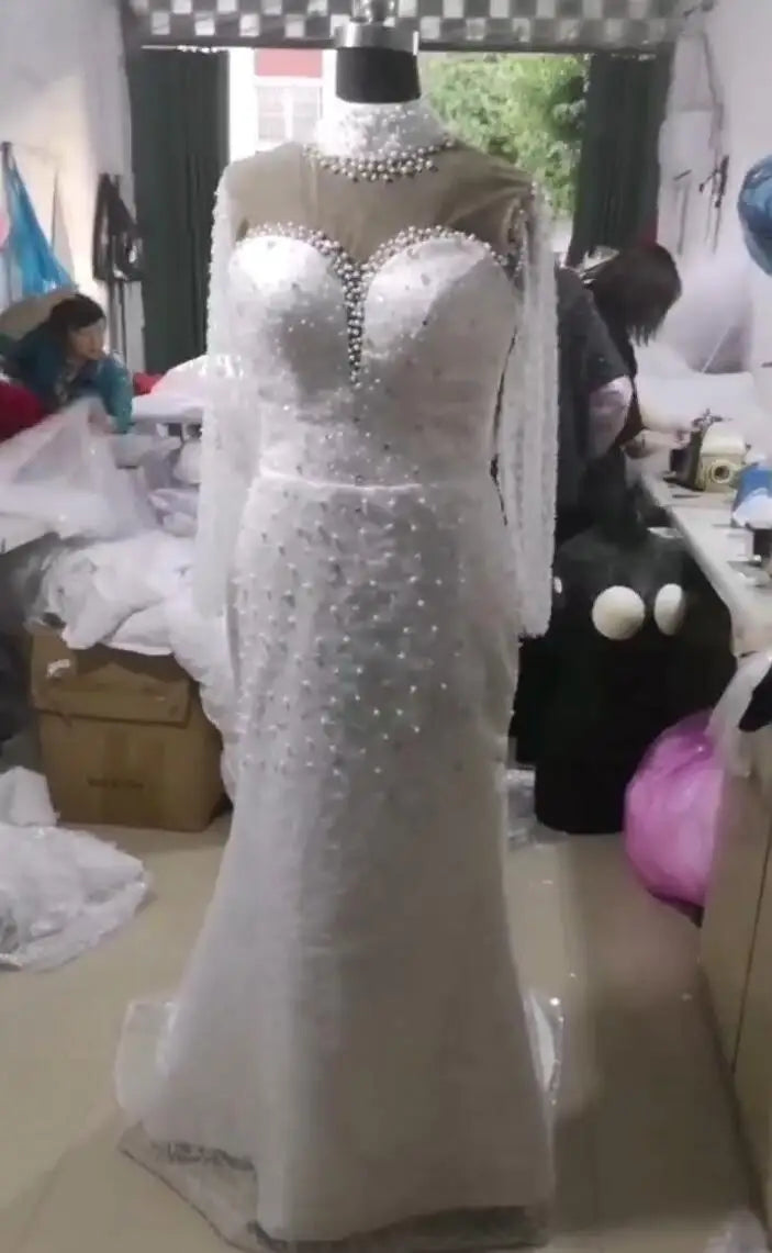 African Mermaid Wedding Dress With Sheer Long Sleeves Detachable Train Satin Fabric High Collar Plus Size Applique Bridal Gowns