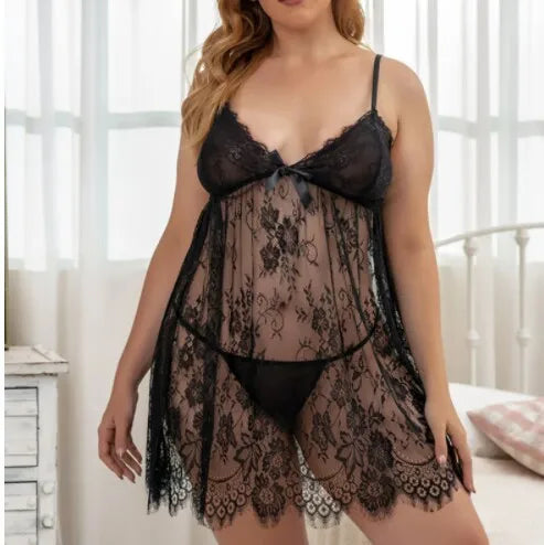Sexy Plus-Size Curvy Women's Lingerie Lace Sheer Embroidery Half Breathable Light Control Seductive Loungewear Nightgowns A-line
