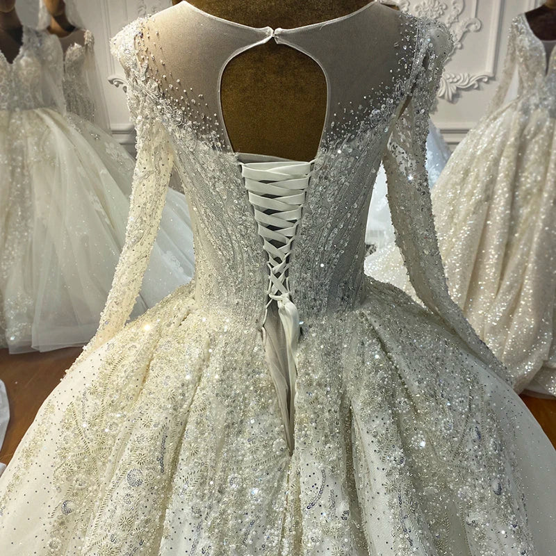 Jancember NS4206 Heavy Beaded Long Sleeve Luxury  Ball Gown Bridall Wedding Dress for Women